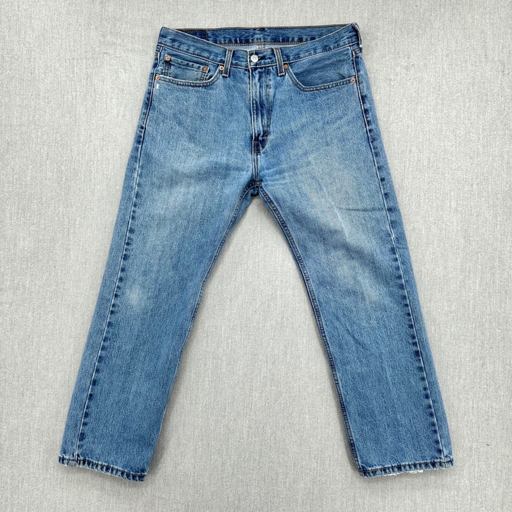 Levis 505 Jeans Mens 34x29 Blue Regular Fit Straight Leg Denim Pants Distressed